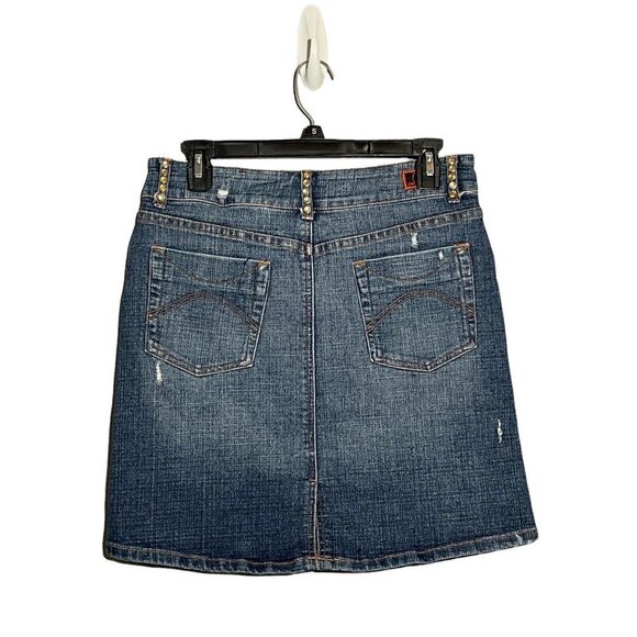 Crest Jean Mini Skirt Size 7/8 Denim Dark Blue Stud Crystal Blink Distressed Hip - Picture 2 of 10
